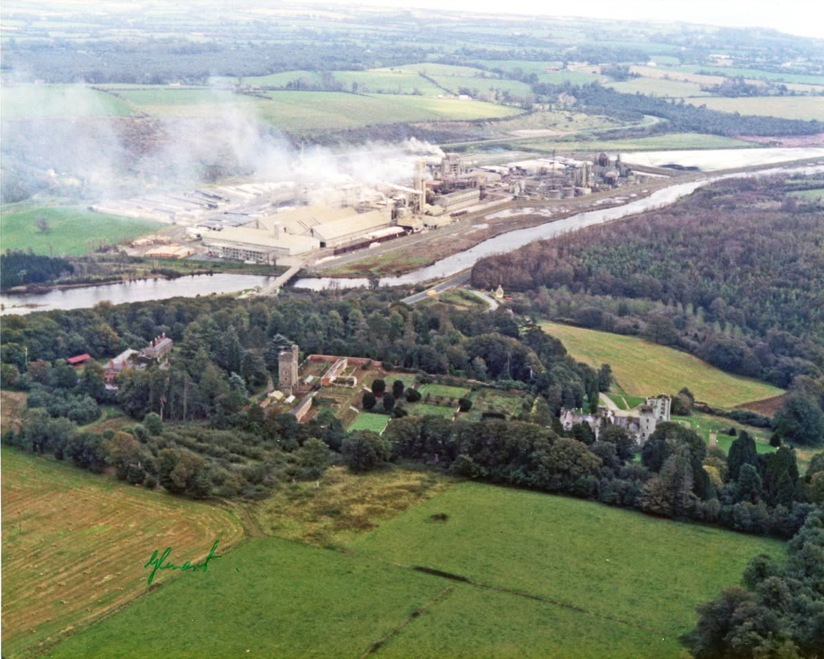 Aerial view of the Glenart Castle estate and the surrounding countryside and industrial complex
